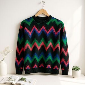 Classic Essentials Vintage 1980s Sweater Men’s M/L Black Multicolor Zigzag Retro
